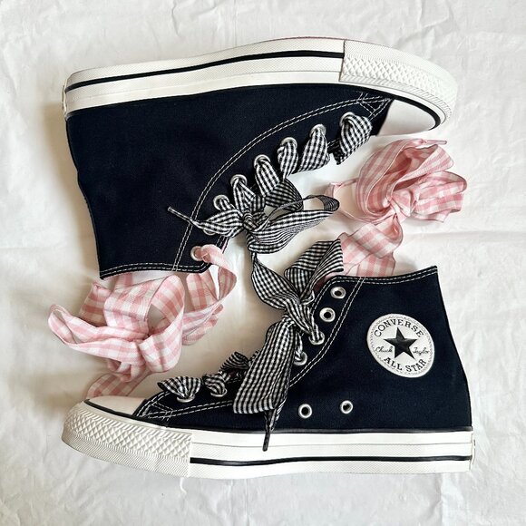 NEW Converse Women Shoes 8.5 Casual Black with Barbie PINK High Top Sneakers - Picture 1 of 9